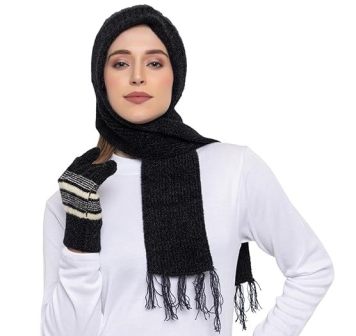 Women's Noori Muffler with Attached Cap - Acrylic & Wool Blend with Fur Lining for Extreme Winter Warmth - Black
