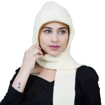 Women's Noori Muffler with Attached Cap - Acrylic & Wool Blend with Fur Lining for Extreme Winter Warmth - Cream