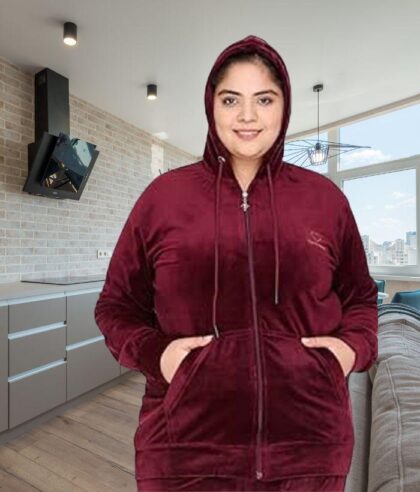 Women’s Velvet Zipper Top – Winter Wear with Kangaroo Pockets (XL, XXL & 3XL)