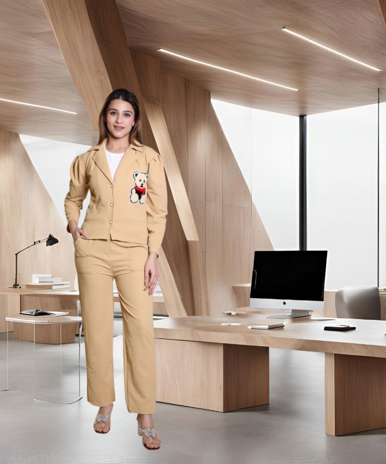 Trendy 3-Piece Women’s Co-Ord Set – Sleeveless Inner, Embroidered Jacket & Elastic Waist Pants