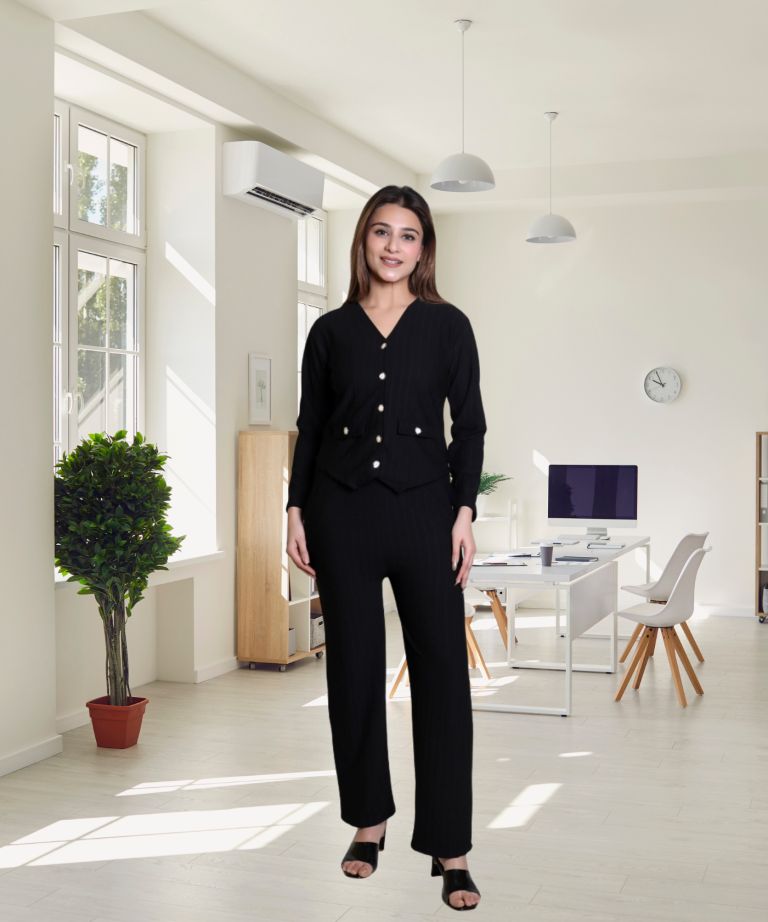 Women’s 3-Piece Formal Co-Ord Set – Sleeveless Blazer, Full-Sleeve Blazer & Elastic Waist Pants