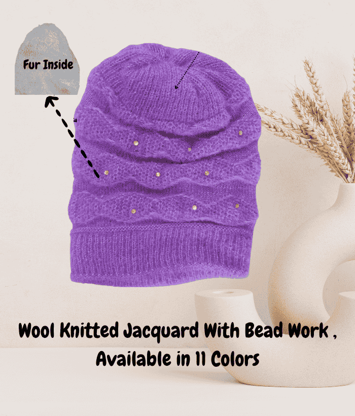 Women’s Wool Blend Winter Cap with Fur Lining & Elegant Bead Work