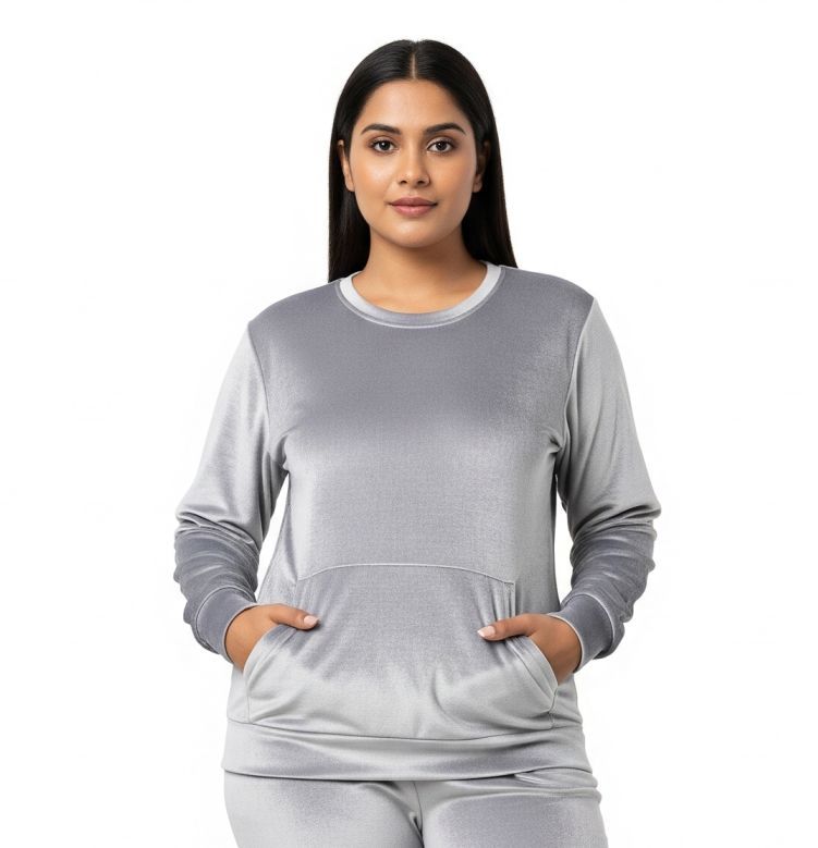 Women’s Velvet Round Neck Sweatshirt Light Grey