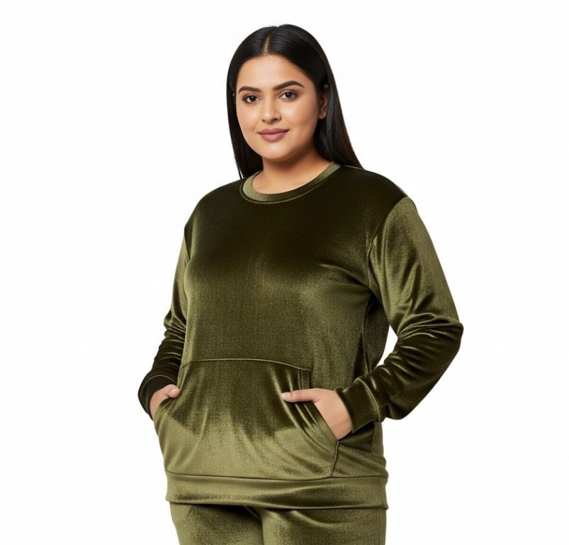 Women’s Velvet Round Neck Sweatshirt Olive