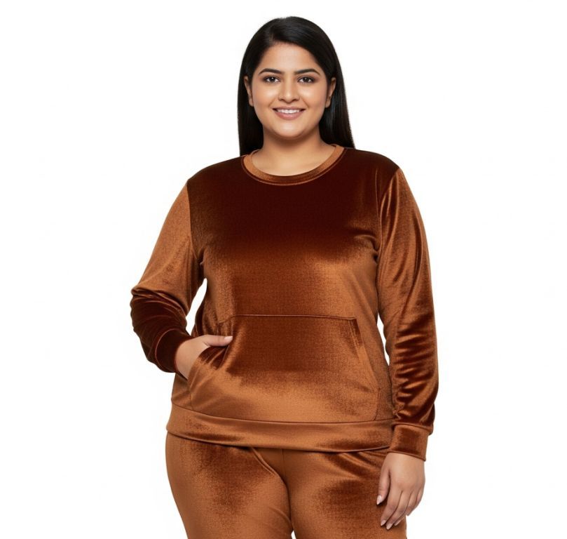 Women’s Velvet Round Neck Sweatshirt Tan