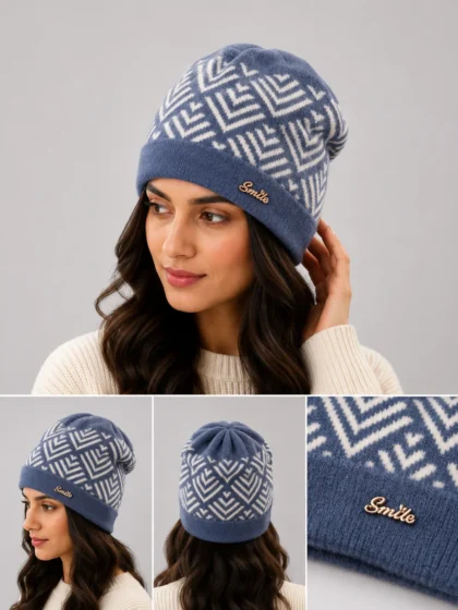 blue arrow design lambswool women cap for winters