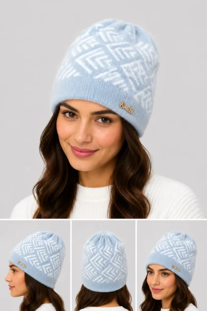 Light blue arrow design lambswool women cap for winters