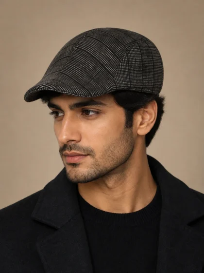 boxed black jacquard design men woollen gold cap