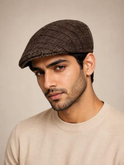 boxed brown jacquard design men woollen gold cap