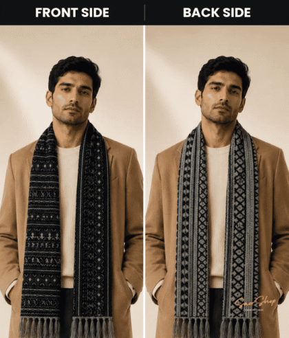 HETESHE Double Sided Woollen Muffler for Men - Geometric Pattern | Reversible Wool Blend Winter Scarf for Men | 60 x 9 inch | Free Size