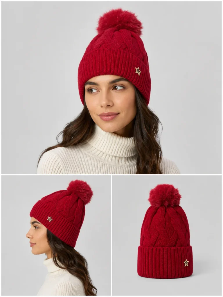 star red winter pompom women cap main image