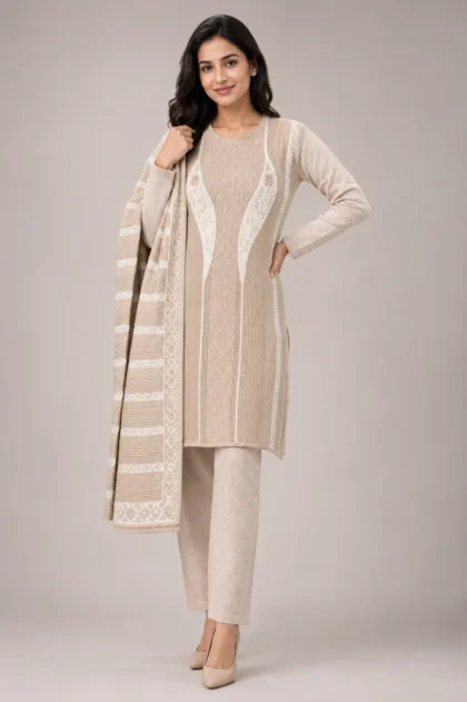 stripee beige woollen kurta pant shawl 3 pcs set