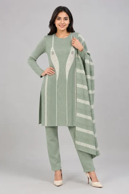 stripee green woollen kurta pant shawl 3 pcs set