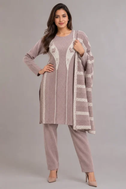 stripee camel woollen kurta pant shawl 3 pcs set