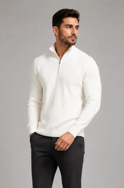 HETESHE Half Zipper for Men | Cotton Polyester Heavy Rib | High Neck | Full Sleeve | 1 Half Zipper Sweatshirt - 2XL, White