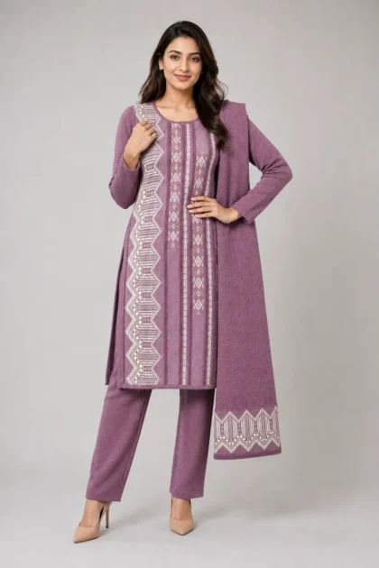 strippe mauve woollen kurta pant shawl 3 pcs set