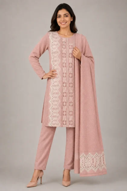 peach mauve woollen kurta pant shawl 3 pcs set