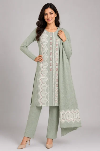 sage green mauve woollen kurta pant shawl 3 pcs set