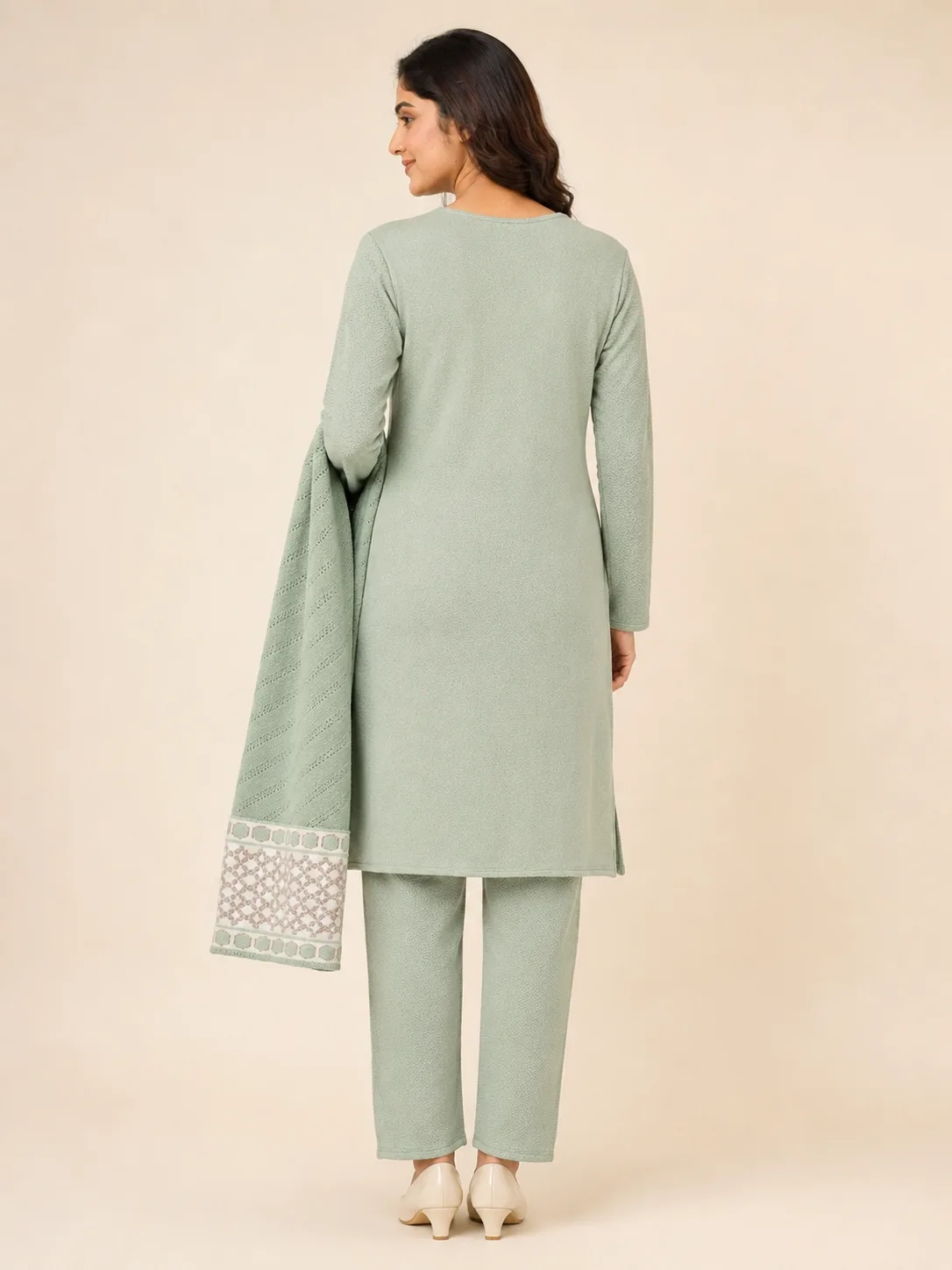 waffel green kurta pant shawl 3 pcs set back side