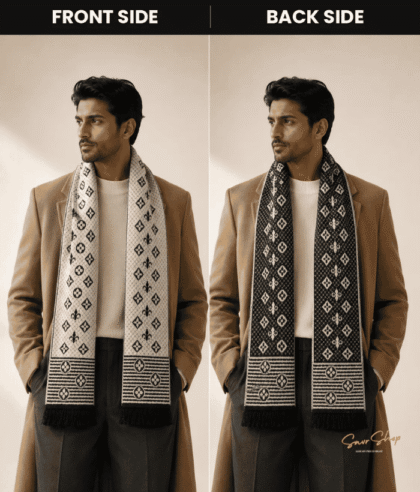 HETESHE Double Sided Woollen Muffler for Men - Swords Pattern | Reversible Wool Blend Winter Scarf for Men | 60 x 9 inch | Free Size