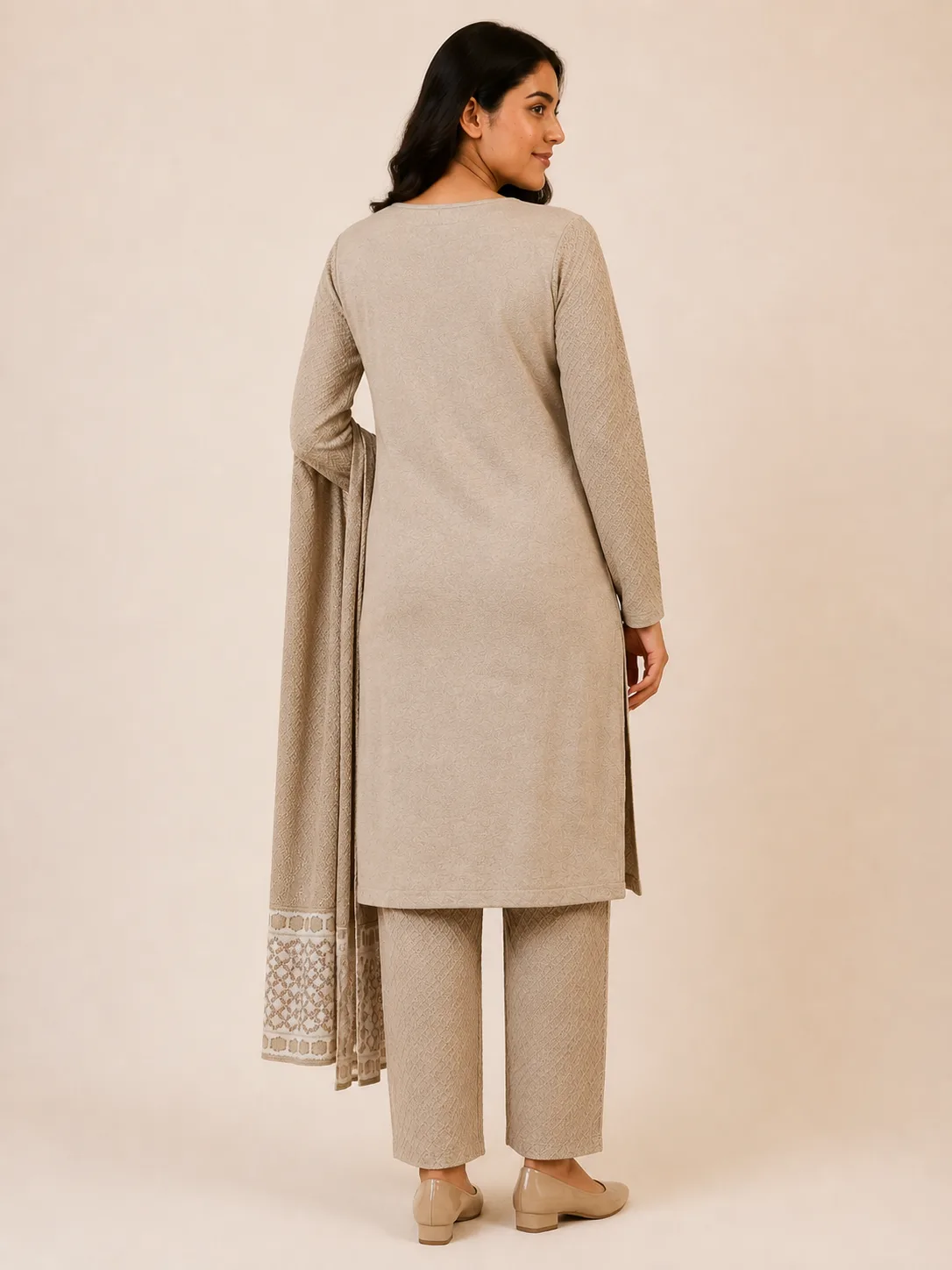 waffel beige kurta pant shawl 3 pcs set back side