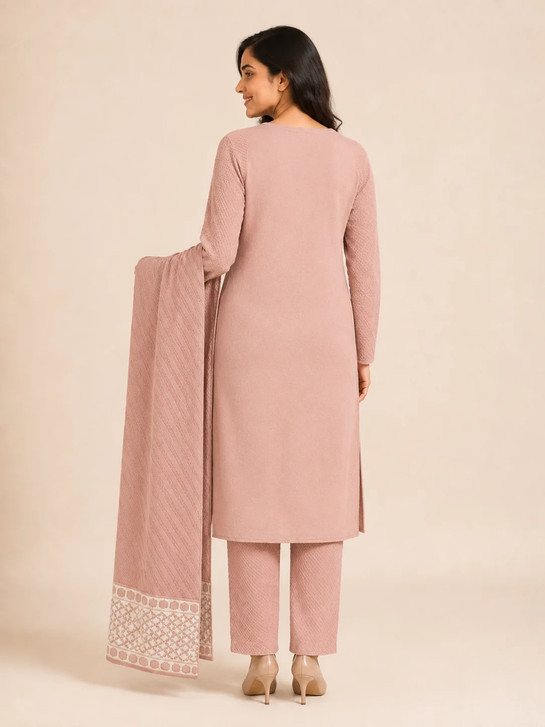 waffel peach kurta pant shawl 3 pcs set back side