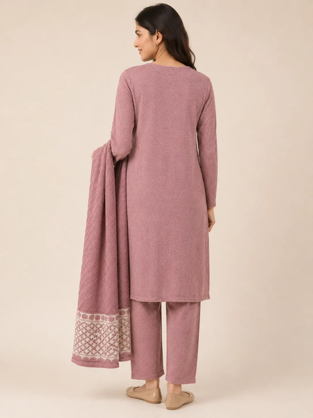 waffel pink kurta pant shawl 3 pcs set back side
