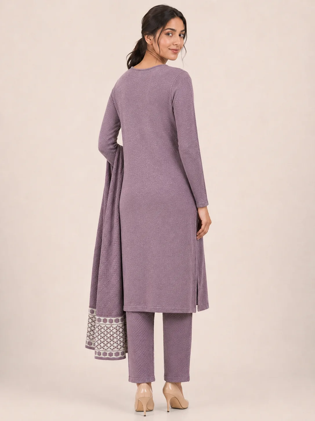 waffel purple kurta pant shawl 3 pcs set back side