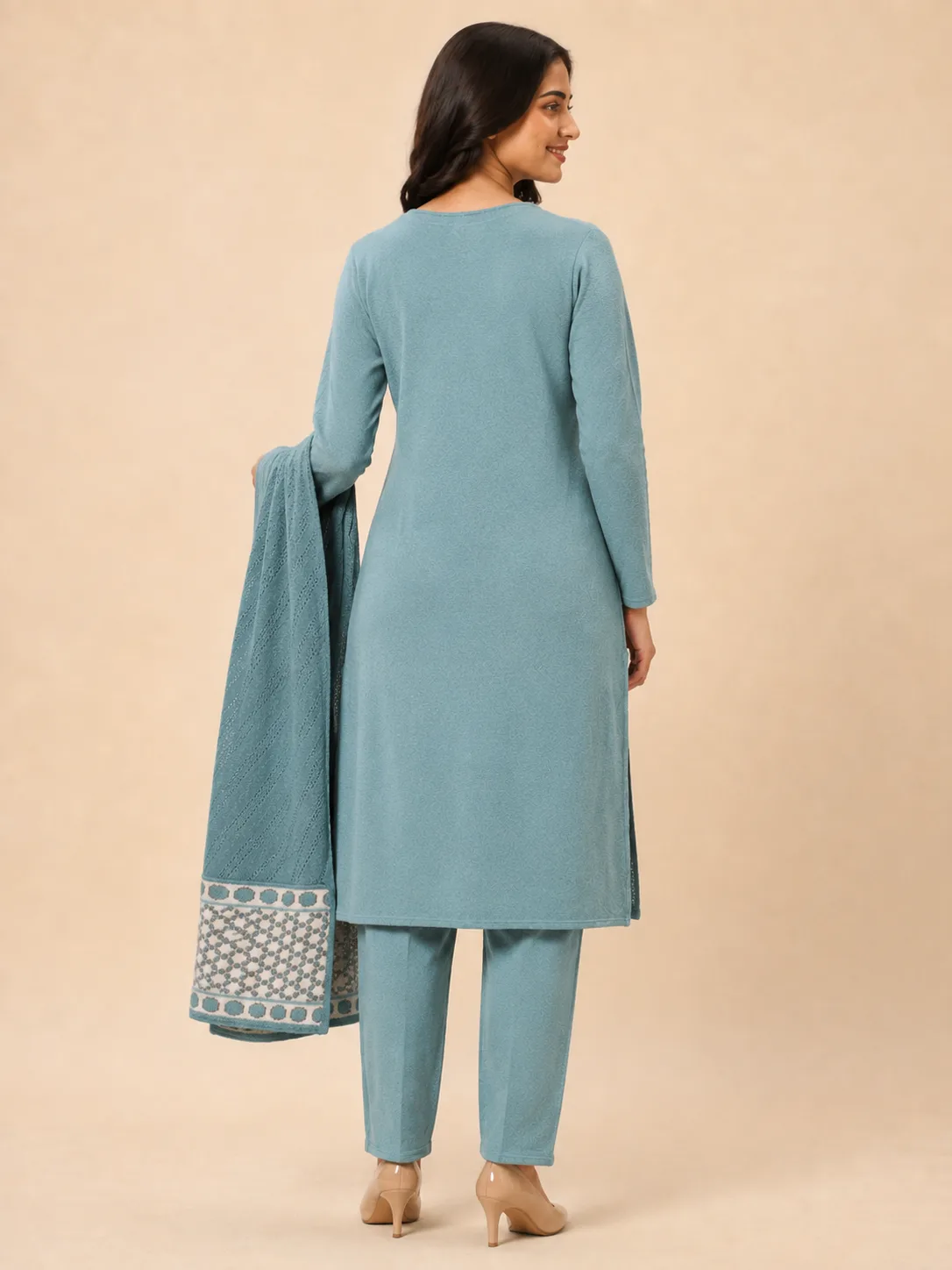 waffel teal kurta pant shawl 3 pcs set back side